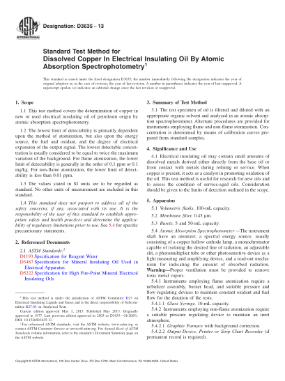 ASTM D3635-2013用原子吸收分光光度法測定電絕緣油中溶解銅的測試方法Standard Test Method for Dissolved Copper In Electrical Insulating Oil By Atomic Absorption Spectrophotometry