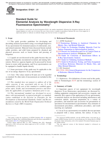 ASTM E1621-2021Standard Guide for Elemental Analysis by Wavelength Dispersive X-Ray Fluorescence Spectrometry