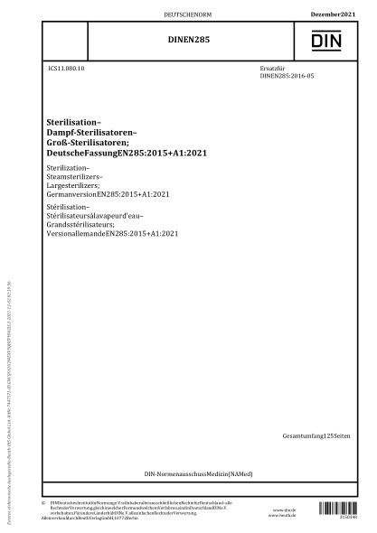 DIN EN 285-2021Sterilization - Steam sterilizers - Large sterilizers; German version EN 285:2015+A1:2021