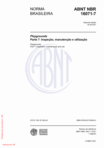 ABNT NBR 16071-7-2021Playgrounds Part 7: Inspection, maintenance and use
