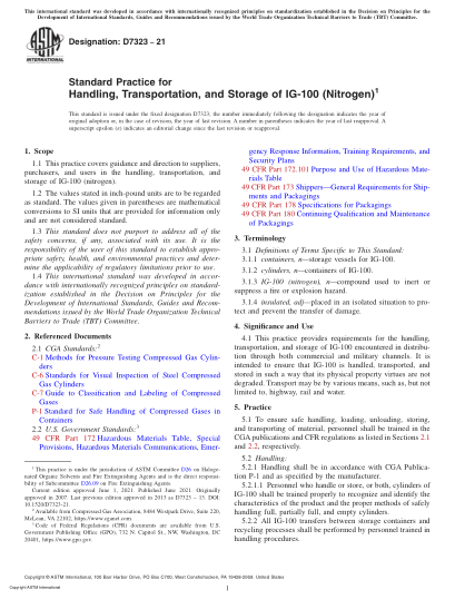 ASTM D7323-2021Standard Practice for Handling, Transportation, and Storage of IG-100 (Nitrogen)