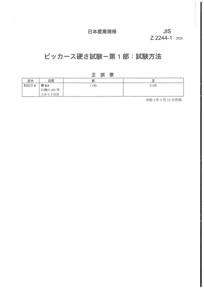 JIS Z2244-1-2020/Amd 1-2021Vickers hardness test -- Part 1: Test method