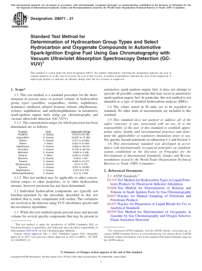ASTM D8071-2021Standard Test Method for Determination of Hydrocarbon Group Types and Select Hydrocarbon and Oxygenate Compounds in Automotive Spark-Ignition Engine Fuel Using Gas Chromatography with Vacuum Ultraviolet Absorption Spectroscopy Detection (GC