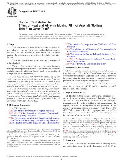 ASTM D2872-2021Standard Test Method for Effect of Heat and Air on a Moving Film of Asphalt (Rolling Thin-Film Oven Test)