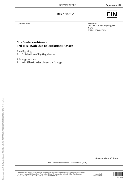 DIN 13201-1-2021Road lighting - Part 1: Selection of lighting classes
