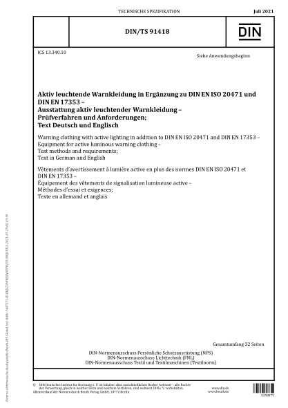 DIN/TS 91418-2021Warning clothing with active lighting in addition to DIN EN ISO 20471 and DIN EN 17353 - Equipment for active luminous warning clothing - Test methods and requirements; Text in German and English