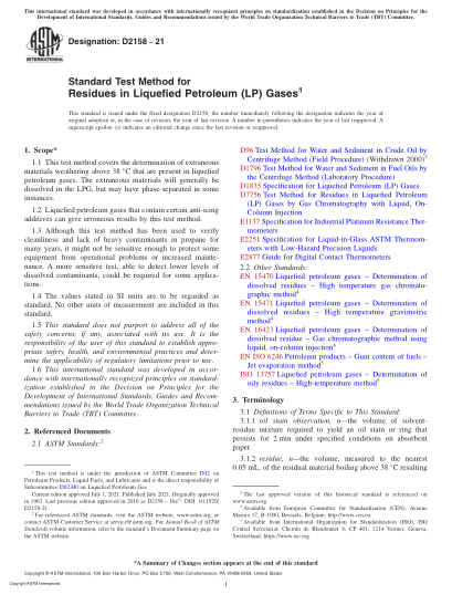 ASTM D2158-2021Standard Test Method for Residues in Liquefied Petroleum (LP) Gases