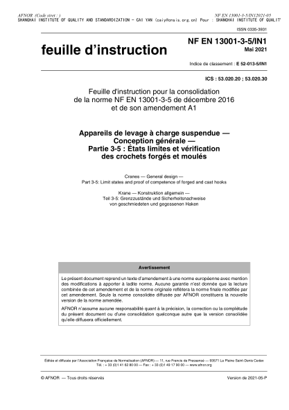 NF E52-013-5/IN1-2021Cranes - General design - Part 3-5 : limit states and proof of competence of forged and cast hooks