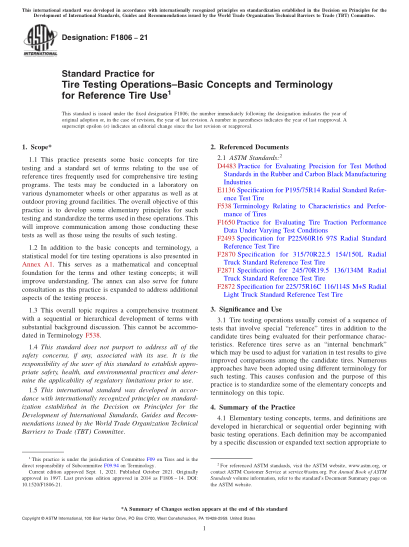 ASTM F1806-2021Standard Practice for Tire Testing Operations–Basic Concepts and Terminology for Reference Tire Use