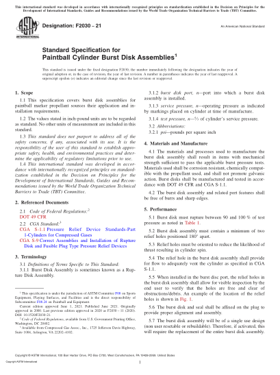 ASTM F2030-2021Standard Specification for Paintball Cylinder Burst Disk Assemblies