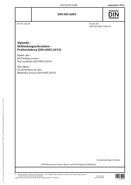 DIN ISO 6005-2021Alpine skis - Ski binding screws - Test methods (ISO 6005:2019)
