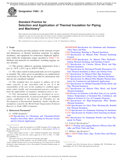 ASTM F683-2021Standard Practice for Selection and Application of Thermal Insulation for Piping and Machinery