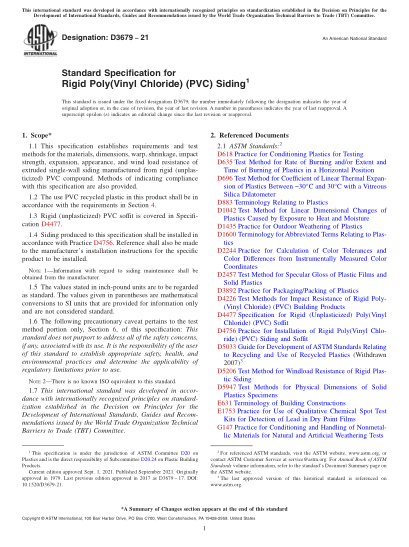 ASTM D3679-2021Standard Specification for Rigid Poly(Vinyl Chloride) (PVC) Siding
