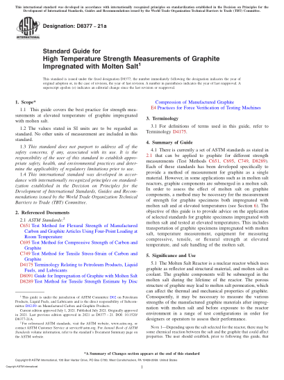 ASTM D8377-2021aStandard Guide for High Temperature Strength Measurements of Graphite Impregnated with Molten Salt
