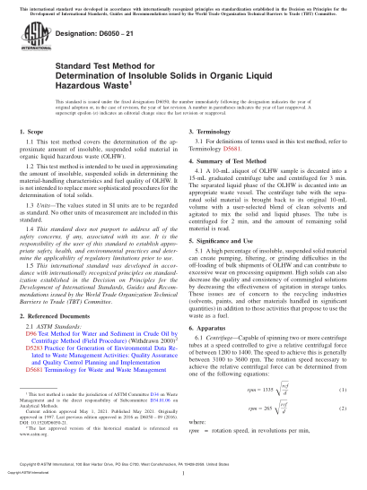 ASTM D6050-2021Standard Test Method for Determination of Insoluble Solids in Organic Liquid Hazardous Waste