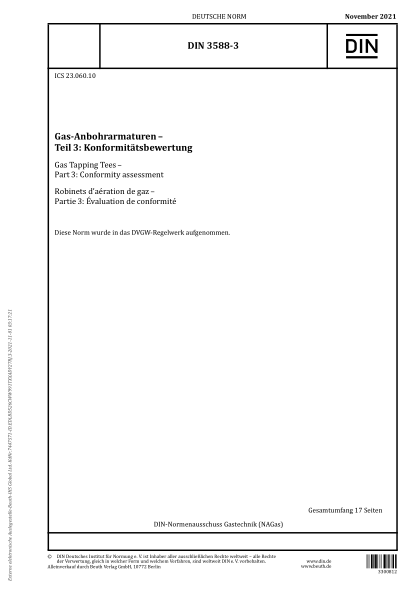 DIN 3588-3-2021Gas Tapping Tees - Part 3: Conformity assessment