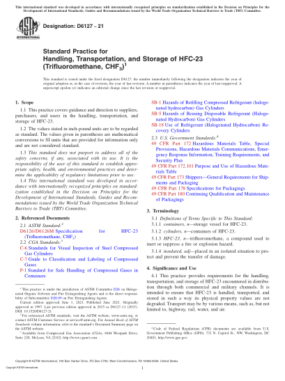 ASTM D6127-2021Standard Practice for Handling, Transportation, and Storage of HFC-23 (Trifluoromethane, CHF3)