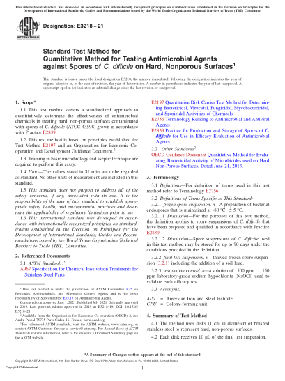 ASTM E3218-2021Standard Test Method for Quantitative Method for Testing Antimicrobial Agents against Spores of C. difficile on Hard, Nonporous Surfaces
