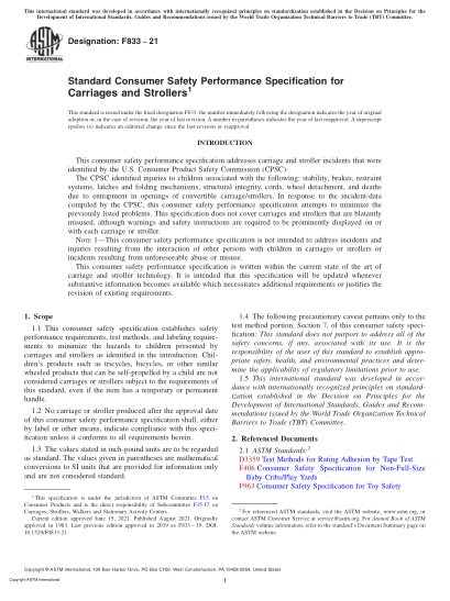 ASTM F833-2021Standard Consumer Safety Performance Specification for Carriages and Strollers