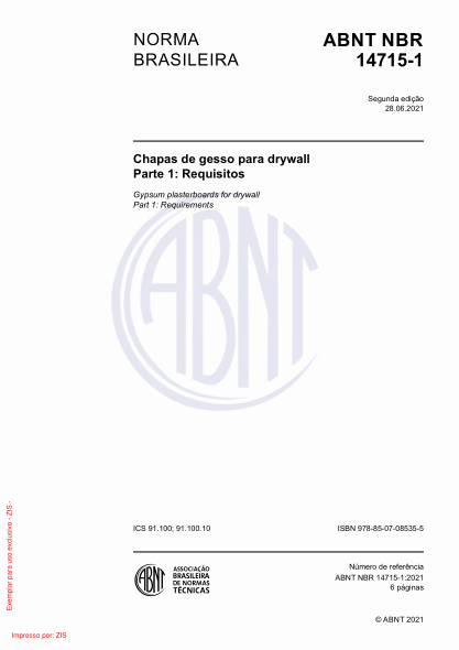 ABNT NBR 14715-1-2021Gypsum plasterboards for drywall Part 1: Requirements