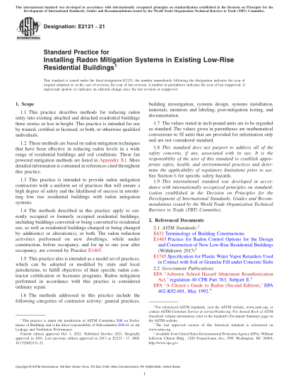 ASTM E2121-2021Standard Practice for Installing Radon Mitigation Systems in Existing Low-Rise Residential Buildings