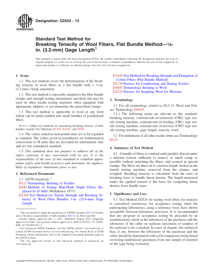 ASTM D2524-2013羊毛纖維斷裂強(qiáng)度試驗(yàn)方法  1/8英寸(3.2毫米)測量長度的束纖維法Standard Test Method for Breaking Tenacity of Wool Fibers,Flat Bundle Method-1/8-in. (3.2-mm) Gage Length