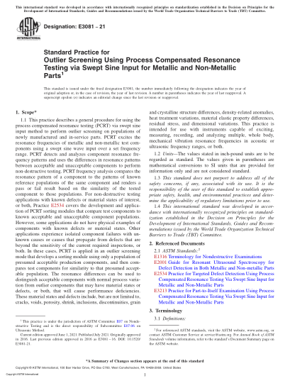 ASTM E3081-2021Standard Practice for Outlier Screening Using Process Compensated Resonance Testing via Swept Sine Input for Metallic and Non-Metallic Parts