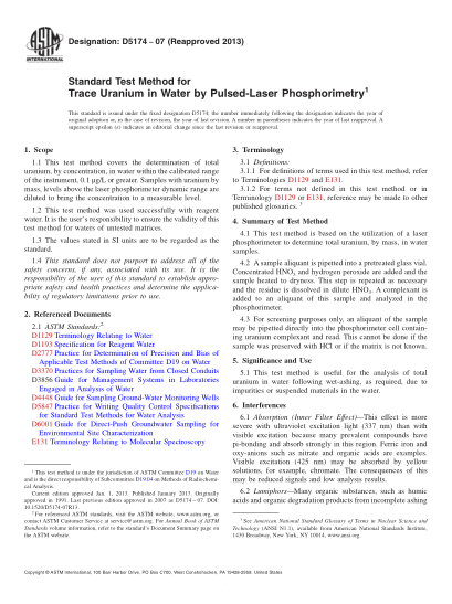 ASTM D5174-2007(2013)用脈沖-激光磷光光度法測定水中痕量鈾的試驗方法Standard Test Method for Trace Uranium in Water by Pulsed-Laser Phosphorimetry
