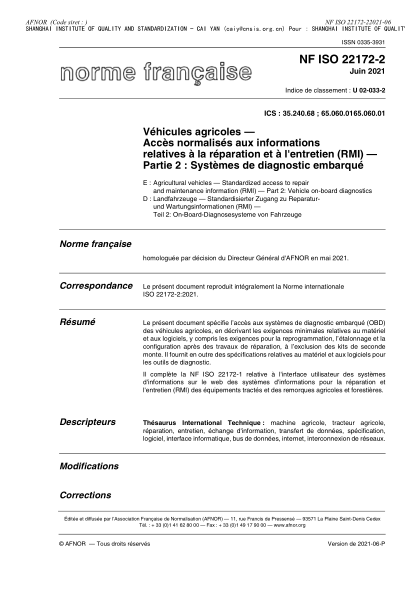 NF ISO 22172-2-2021Agricultural vehicles - Standardized access to repair and maintenance information (RMI) - Part 2 : vehicle on-board diagnostics