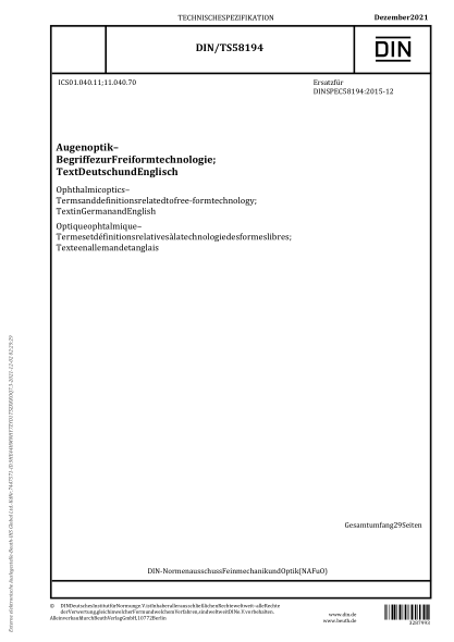 DIN/TS 58194-2021Ophthalmic optics - Terms and definitions related to free-form technology; Text in German and English