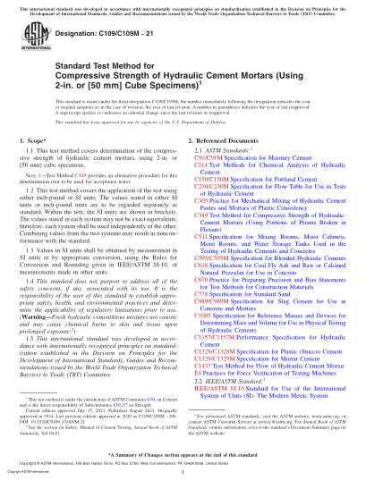 ASTM C109/C109M-2021Standard Test Method for Compressive Strength of Hydraulic Cement Mortars (Using 2-in. or [50 mm] Cube Specimens)