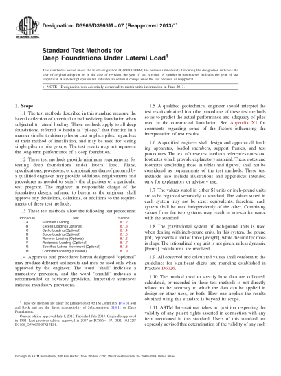 ASTM D3966/D3966M-2007(2013)e1深基礎(chǔ)側(cè)向負荷試驗方法Standard Test Methods for Deep Foundations Under Lateral Load