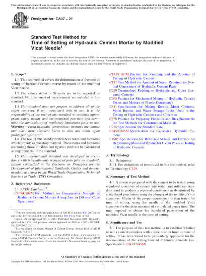 ASTM C807-2021Standard Test Method for Time of Setting of Hydraulic Cement Mortar by Modified Vicat Needle