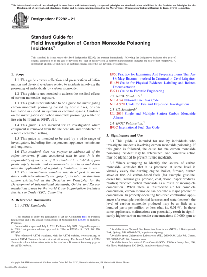 ASTM E2292-2021Standard Guide for Field Investigation of Carbon Monoxide Poisoning Incidents