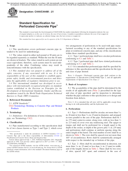 ASTM C444/C444M-2021Standard Specification for Perforated Concrete Pipe