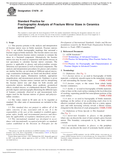 ASTM C1678-2021Standard Practice for Fractographic Analysis of Fracture Mirror Sizes in Ceramics and Glasses