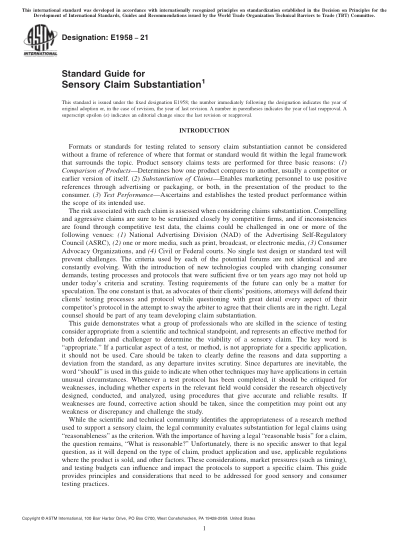 ASTM E1958-2021Standard Guide for Sensory Claim Substantiation