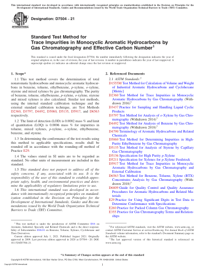 ASTM D7504-2021Standard Test Method for Trace Impurities in Monocyclic Aromatic Hydrocarbons by Gas Chromatography and Effective Carbon Number