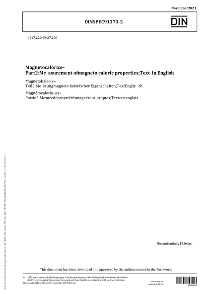 DIN SPEC 91373-2-2021Magnetocalorics - Part 2: Measurement of magnetocaloric properties; Text in English