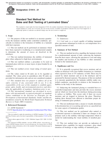 ASTM C1914-2021夾層玻璃烘烤和煮沸測(cè)試的標(biāo)準(zhǔn)試驗(yàn)方法Standard Test Method for Bake and Boil Testing of Laminated Glass