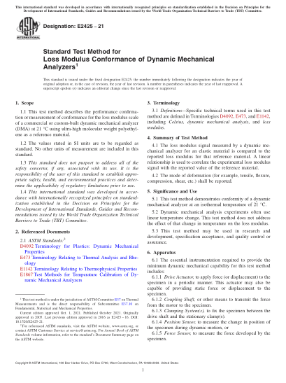 ASTM E2425-2021Standard Test Method for Loss Modulus Conformance of Dynamic Mechanical Analyzers