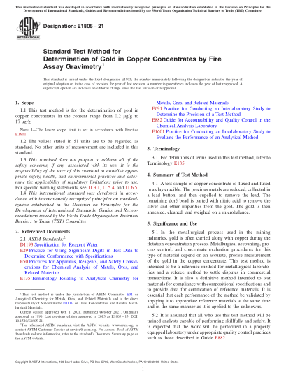 ASTM E1805-2021Standard Test Method for Determination of Gold in Copper Concentrates by Fire Assay Gravimetry