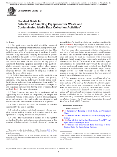 ASTM D6232-2021Standard Guide for Selection of Sampling Equipment for Waste and Contaminated Media Data Collection Activities