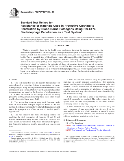 ASTM F1671/F1671M-2013對使用材料的防護(hù)服性的試驗(yàn)方法通過血源性病原體使用披X174噬菌體穿透率的試驗(yàn)系統(tǒng)穿透性Standard Test Method for Resistance of Materials Used in Protective Clothing to Penetration by Blood-Borne Pathogens Using Phi-X174 Bacteriophage Penetration as a Test System