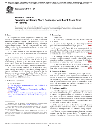 ASTM F1046-2021Standard Guide for Preparing Artificially Worn Passenger and Light Truck Tires for Testing