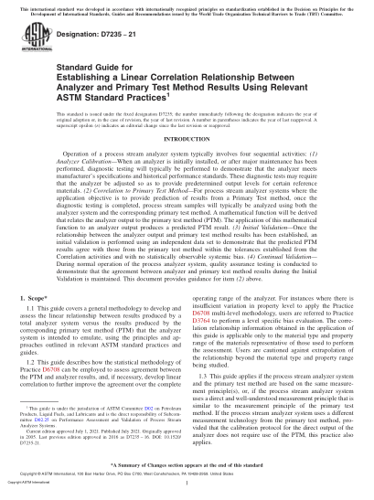 ASTM D7235-2021Standard Guide for Establishing a Linear Correlation Relationship Between Analyzer and Primary Test Method Results Using Relevant ASTM Standard Practices