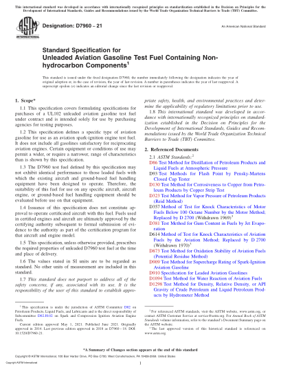 ASTM D7960-2021Standard Specification for Unleaded Aviation Gasoline Test Fuel Containing Non-hydrocarbon Components