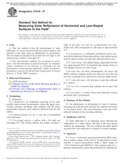 ASTM E1918-2021Standard Test Method for Measuring Solar Reflectance of Horizontal and Low-Sloped Surfaces in the Field