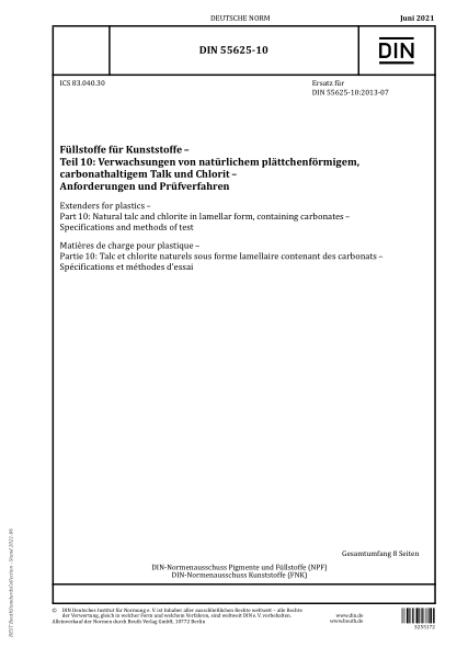 DIN 55625-10-2021Extenders for plastics - Part 10: Natural talc and chlorite in lamellar form, containing carbonates - Specifications and methods of test