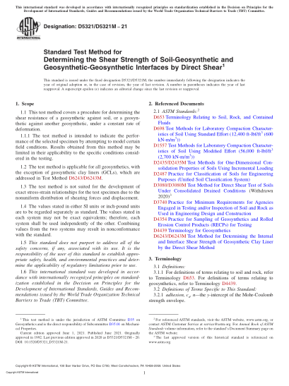 ASTM D5321/D5321M-2021Standard Test Method for Determining the Shear Strength of Soil-Geosynthetic and Geosynthetic-Geosynthetic Interfaces by Direct Shear